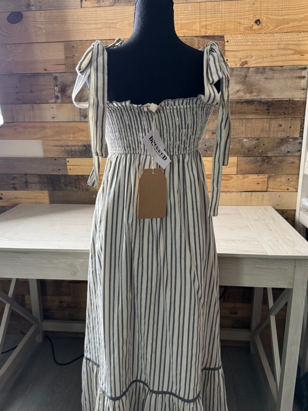 Listicle Cream Maxi Dress with Black Stripes and Ruffle Detail - Picture 4 of 5